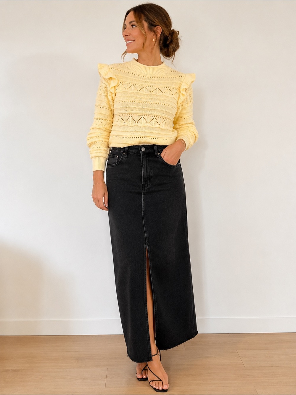 SHEIN Pale Yellow Openwork Ruffle Shoulder Sweater